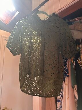 J. Crew Olive Eyelet Short Sleeve Blouse